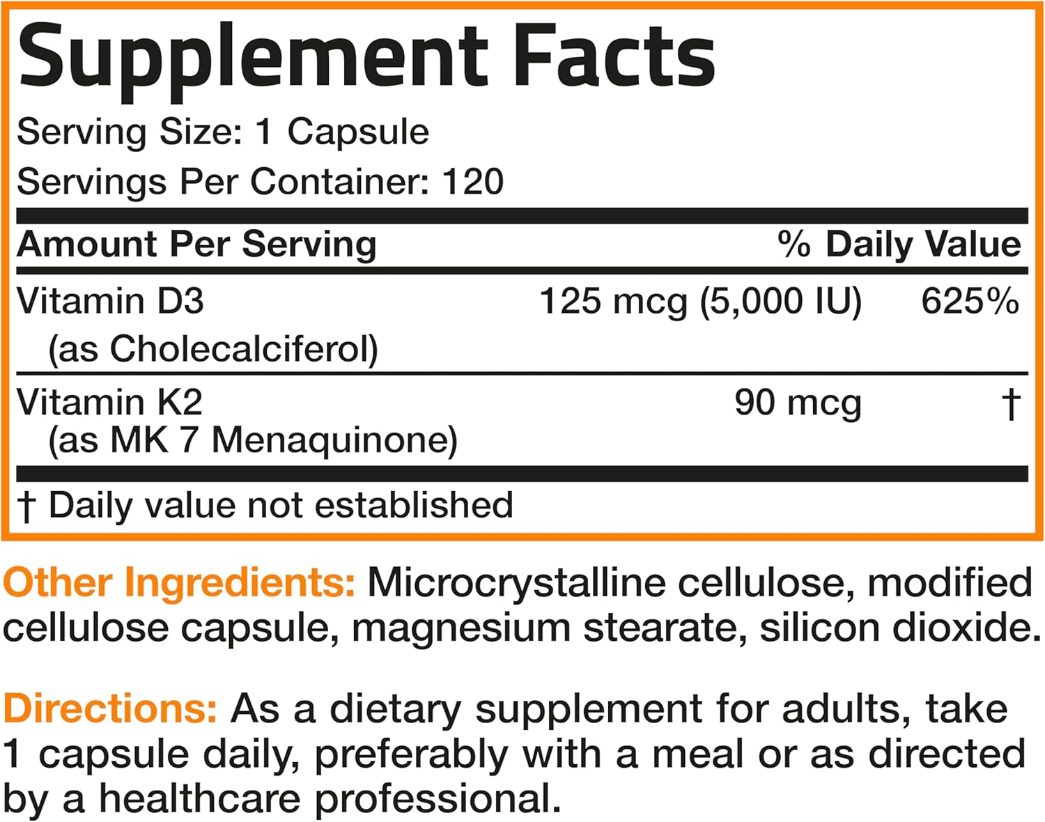 Bronson Non-GMO Vitamin D3 & K2 MK-7 Supplement, 5000 IU D3 & 90 mcg K2, 120 Capsules, Easy to Swallow Formula
