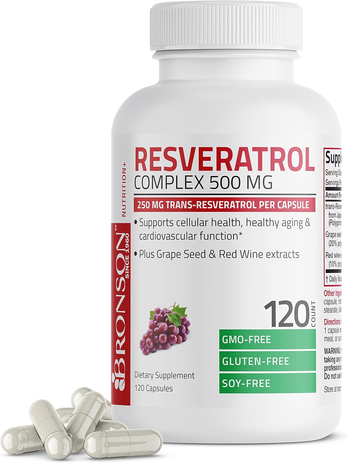 Bronson Resveratrol 500 Complex with Grape Seed & Red Wine Extract - 120 Capsules