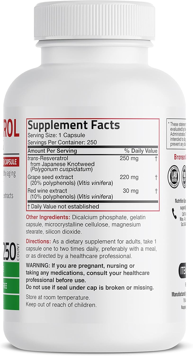 Bronson Resveratrol 500 Complex with Grape Seed & Red Wine Extract - 250 Capsules