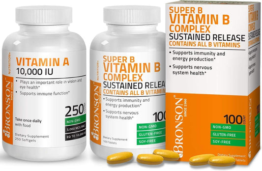Bronson Super B Vitamin B Complex with Vitamin A 10,000 IU Sustained Slow Release - Premium Non-GMO Formula