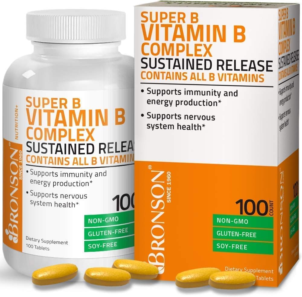 Bronson Super B Vitamin B Complex with Vitamin A 10,000 IU Sustained Slow Release - Premium Non-GMO Formula
