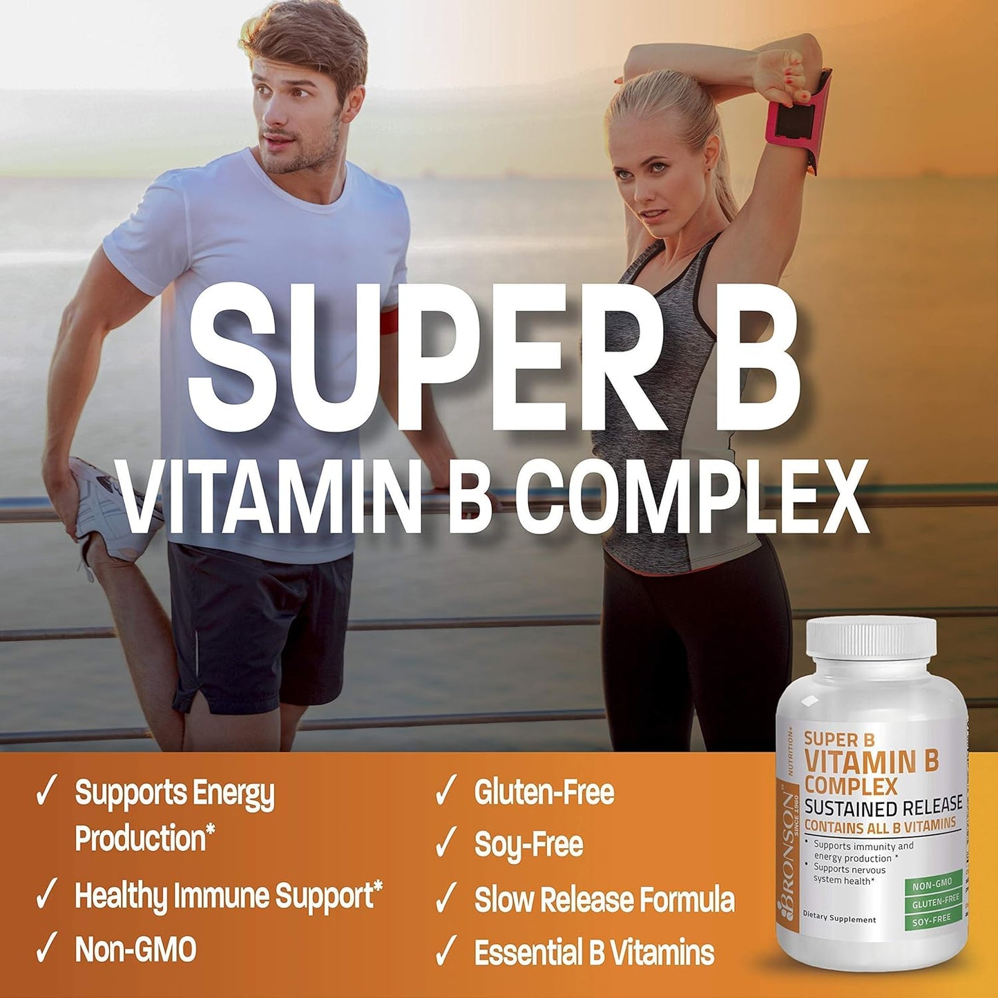 Bronson Super B Vitamin B Complex with Vitamin A 10,000 IU Sustained Slow Release - Premium Non-GMO Formula