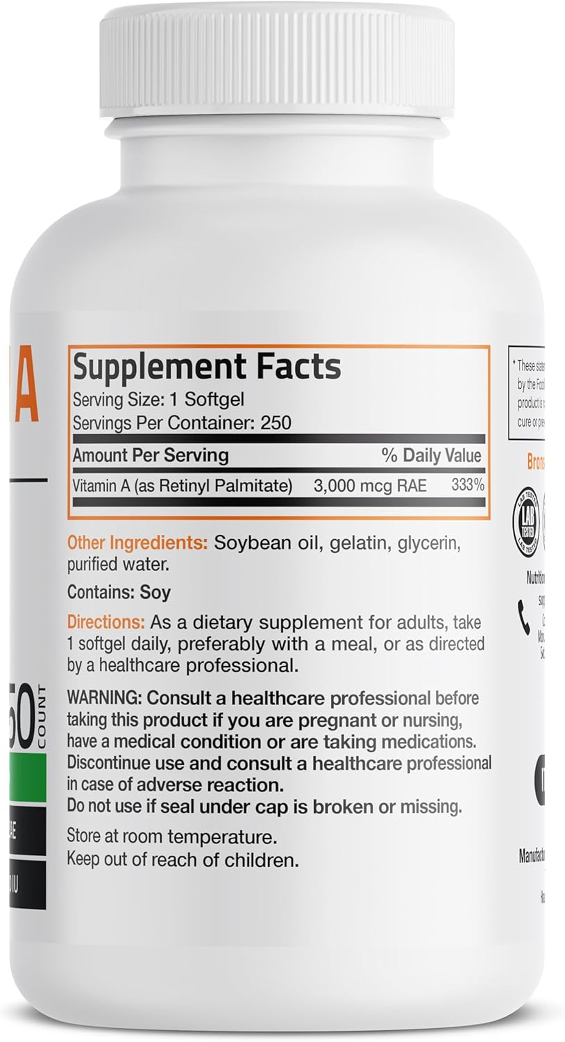 Bronson Vitamin A 10,000 IU Softgels for Healthy Vision, Immune System, Growth & Reproduction - 250 Count