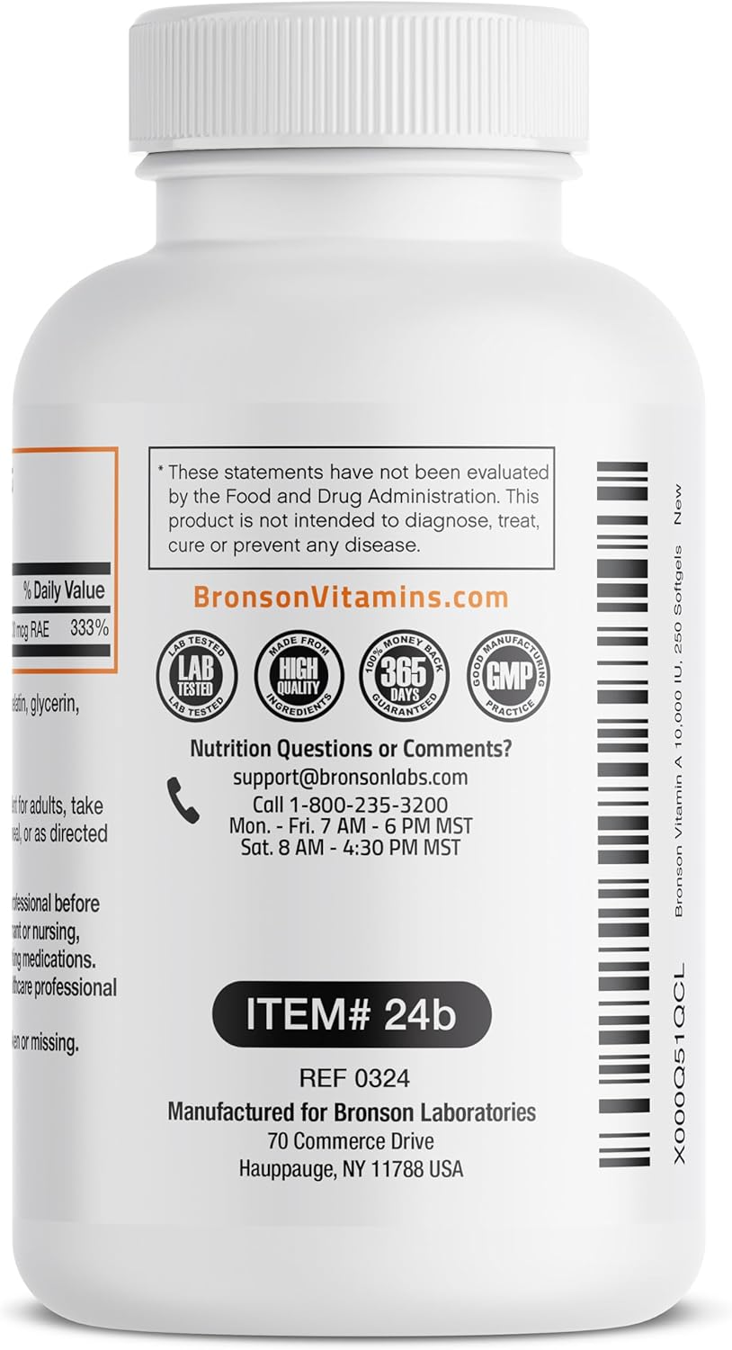 Bronson Vitamin A 10,000 IU Softgels for Healthy Vision, Immune System, Growth & Reproduction - 250 Count