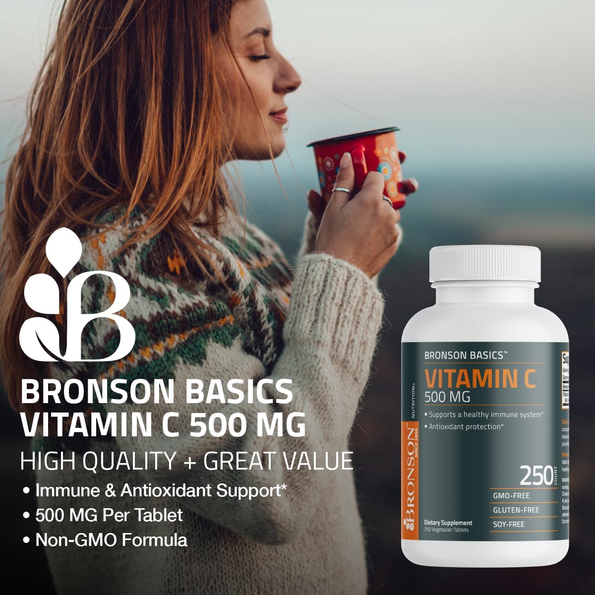 Bronson Vitamin C 500 MG: Boosts Immune Health & Provides Antioxidant Defense, Non-GMO, 250 Veg Tablets