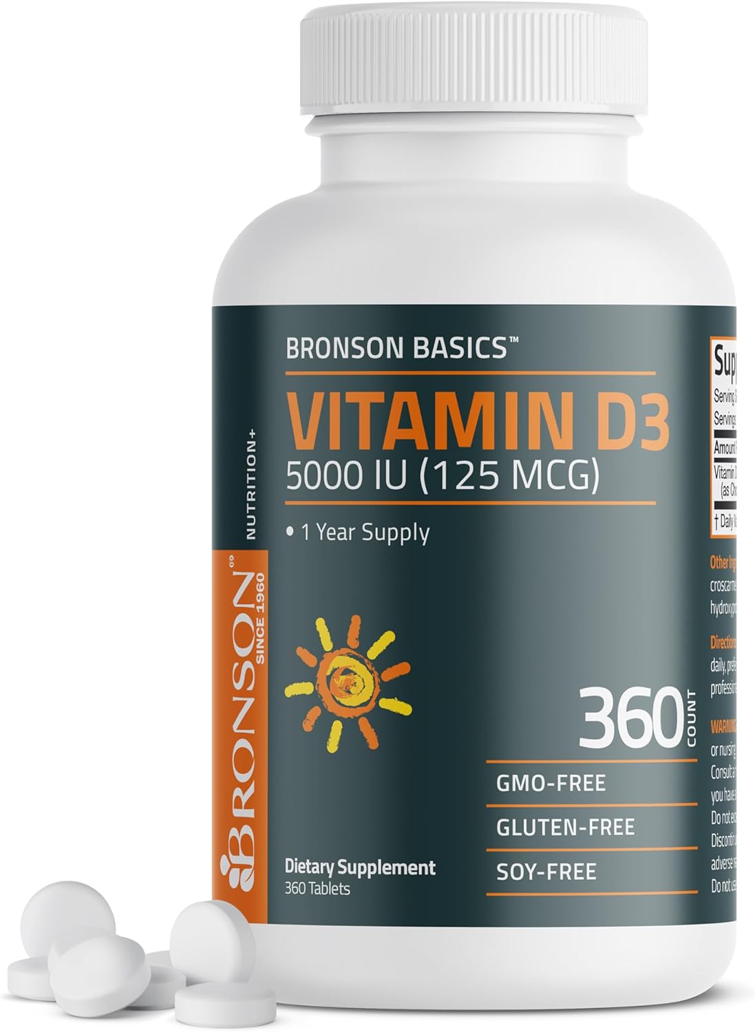 Bronson Vitamin D3 5000iu (125mcg) 1 Year Supply - Muscle & Immune Support, Non-GMO, 360 Tablets