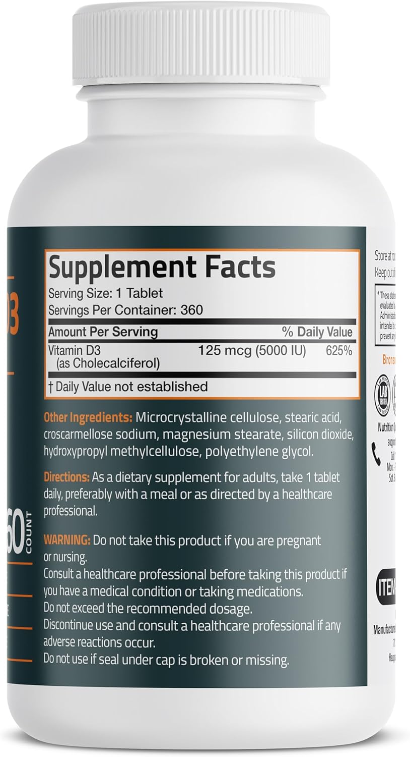 Bronson Vitamin D3 5000iu (125mcg) 1 Year Supply - Muscle & Immune Support, Non-GMO, 360 Tablets
