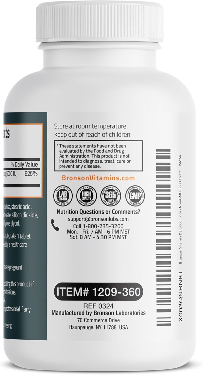 Bronson Vitamin D3 5000iu (125mcg) 1 Year Supply - Muscle & Immune Support, Non-GMO, 360 Tablets