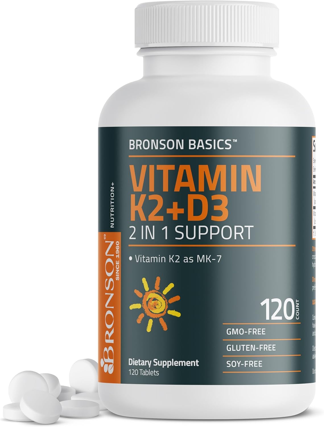 Bronson Vitamin K2 D3 (MK7) Supplement - Non-GMO Vitamin D3 5000IU & K2 MK-7, Easy to Swallow Complex - 120 Tablets