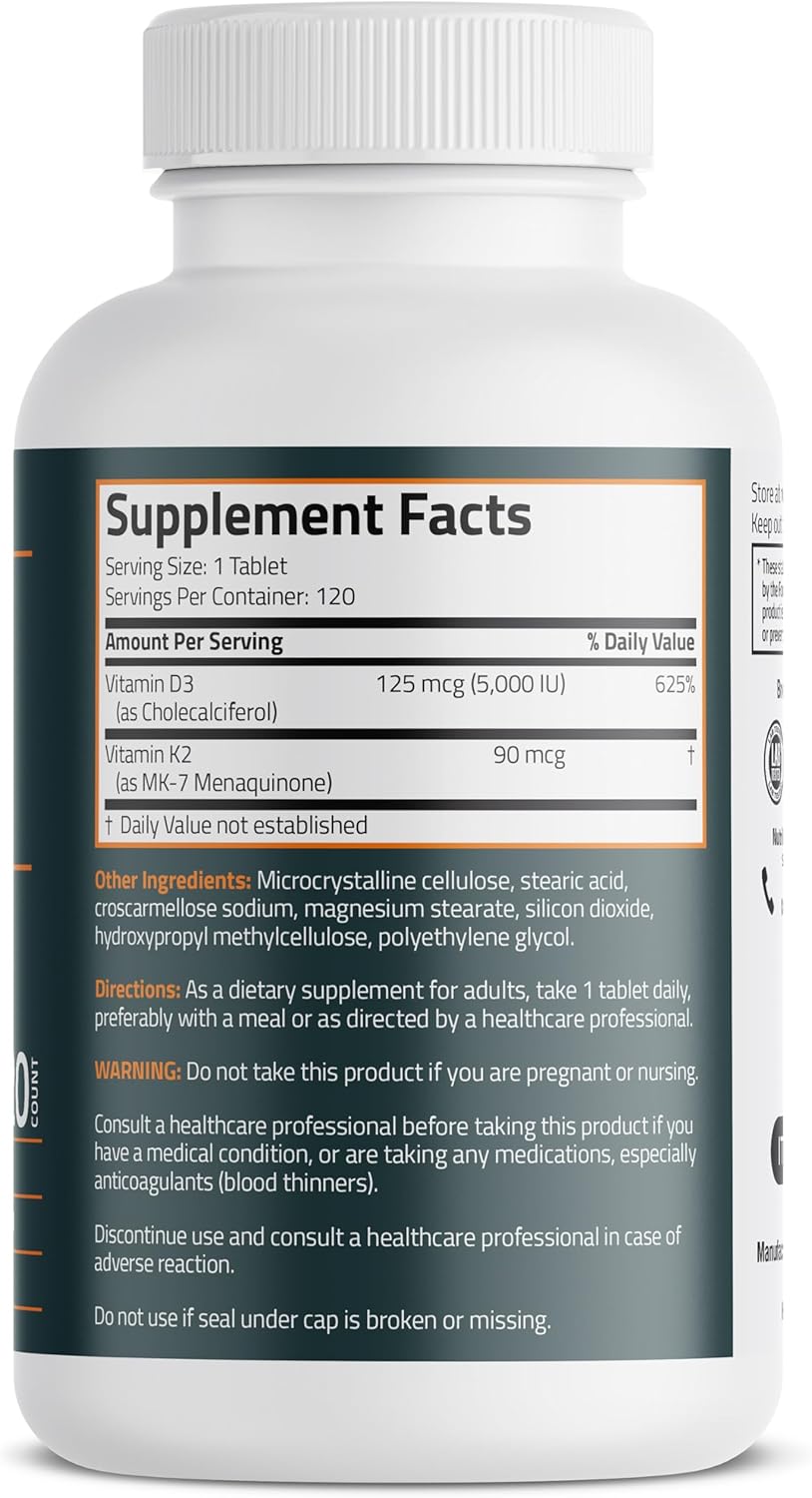 Bronson Vitamin K2 D3 (MK7) Supplement - Non-GMO Vitamin D3 5000IU & K2 MK-7, Easy to Swallow Complex - 120 Tablets