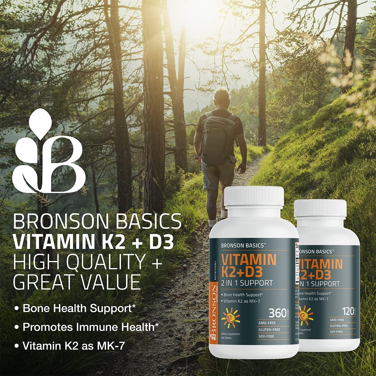 Bronson Vitamin K2 D3 (MK7) Supplement - Non-GMO Vitamin D3 5000IU & K2 MK-7, Easy to Swallow Complex - 120 Tablets