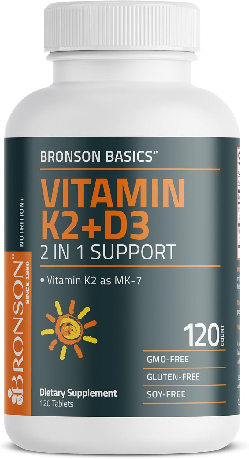 Bronson Vitamin K2 D3 (MK7) Supplement - Non-GMO Vitamin D3 5000IU & K2 MK-7, Easy to Swallow Complex - 120 Tablets