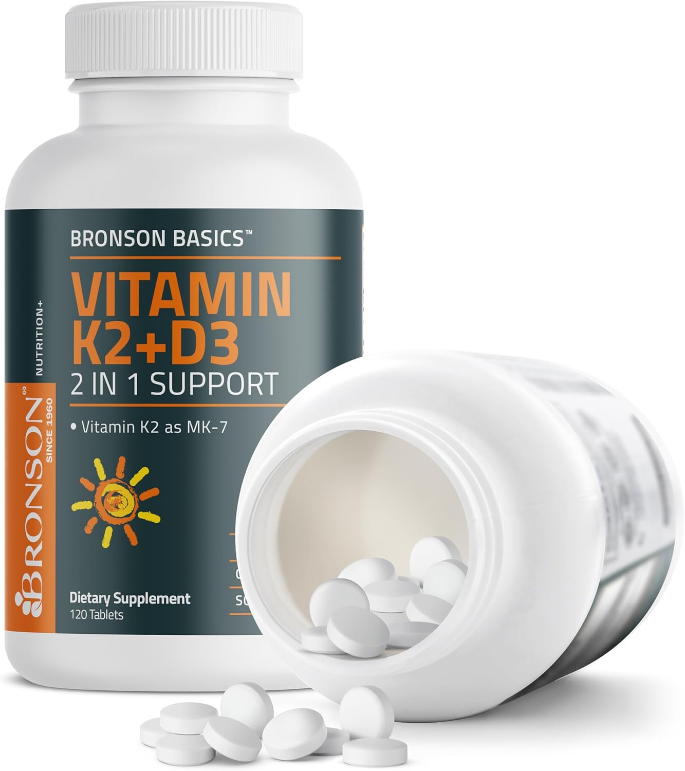 Bronson Vitamin K2 D3 (MK7) Supplement - Non-GMO Vitamin D3 5000IU & K2 MK-7, Easy to Swallow Complex - 120 Tablets