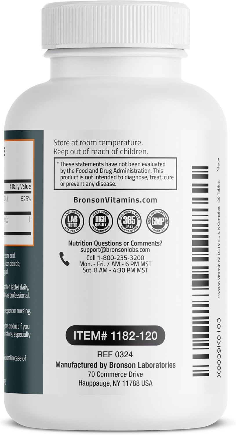 Bronson Vitamin K2 D3 (MK7) Supplement - Non-GMO Vitamin D3 5000IU & K2 MK-7, Easy to Swallow Complex - 120 Tablets
