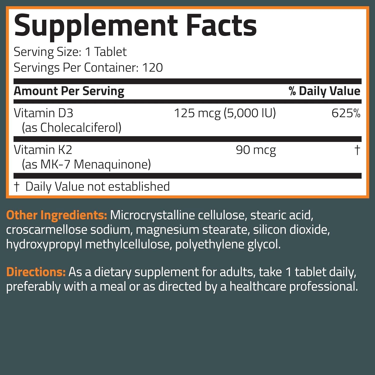 Bronson Vitamin K2 D3 (MK7) Supplement - Non-GMO Vitamin D3 5000IU & K2 MK-7, Easy to Swallow Complex - 120 Tablets