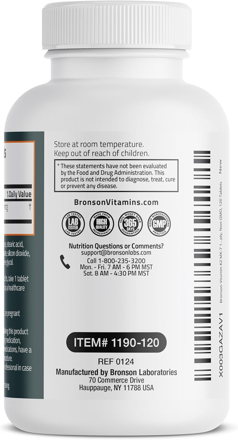 Bronson Vitamin K2 MK-7 100 MCG Tablets for Bone Support, Non-GMO Formula - 120 Count