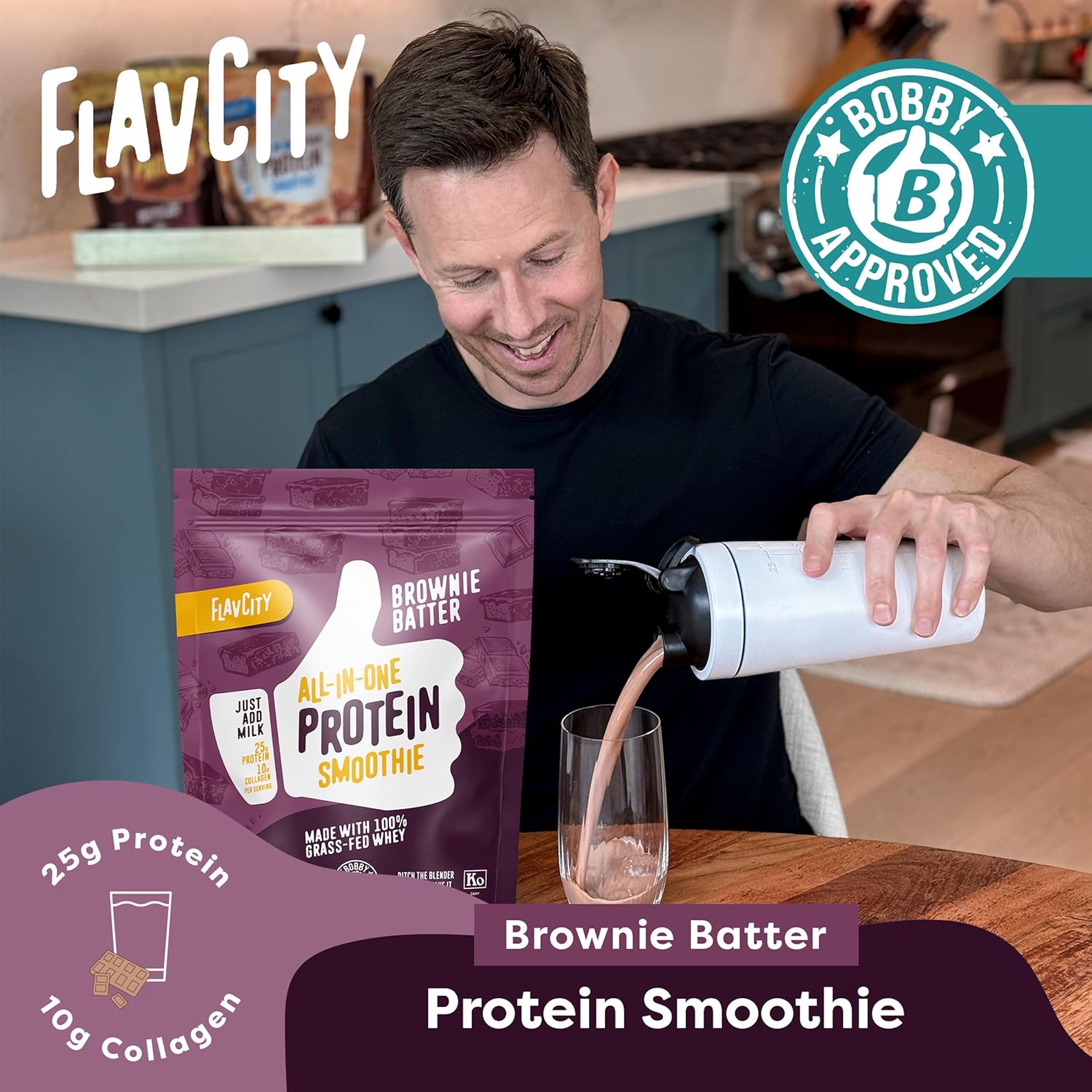 Brownie Batter FlavCity All-in-One Protein Powder Smoothie - Grass-Fed Whey Protein with 25g Protein & 10g Collagen - Gluten-Free Workout Drink - 20 Servings