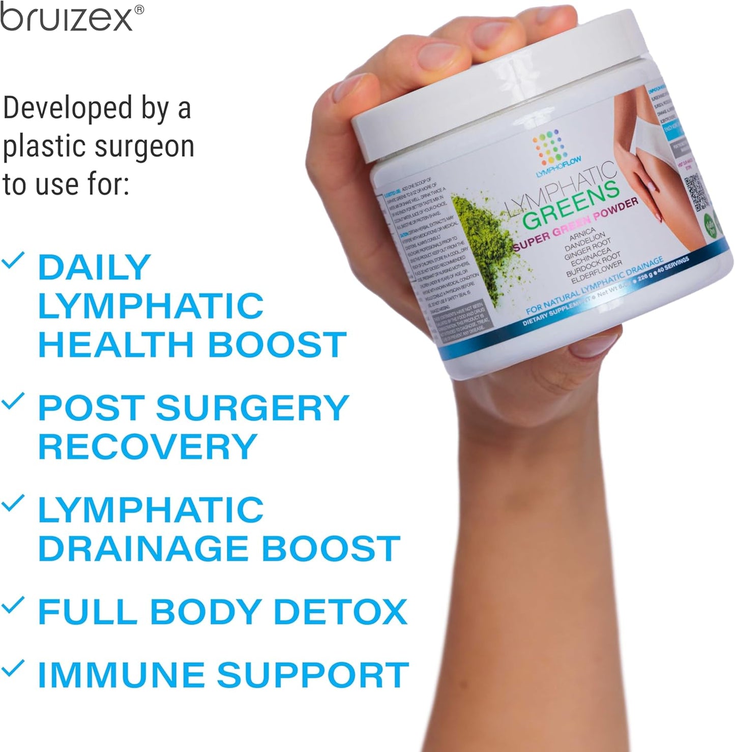 Bruizex Lymphatic Greens: Vegan Superfood Powder for Post-Surgery Recovery & Detox, 8 OZ