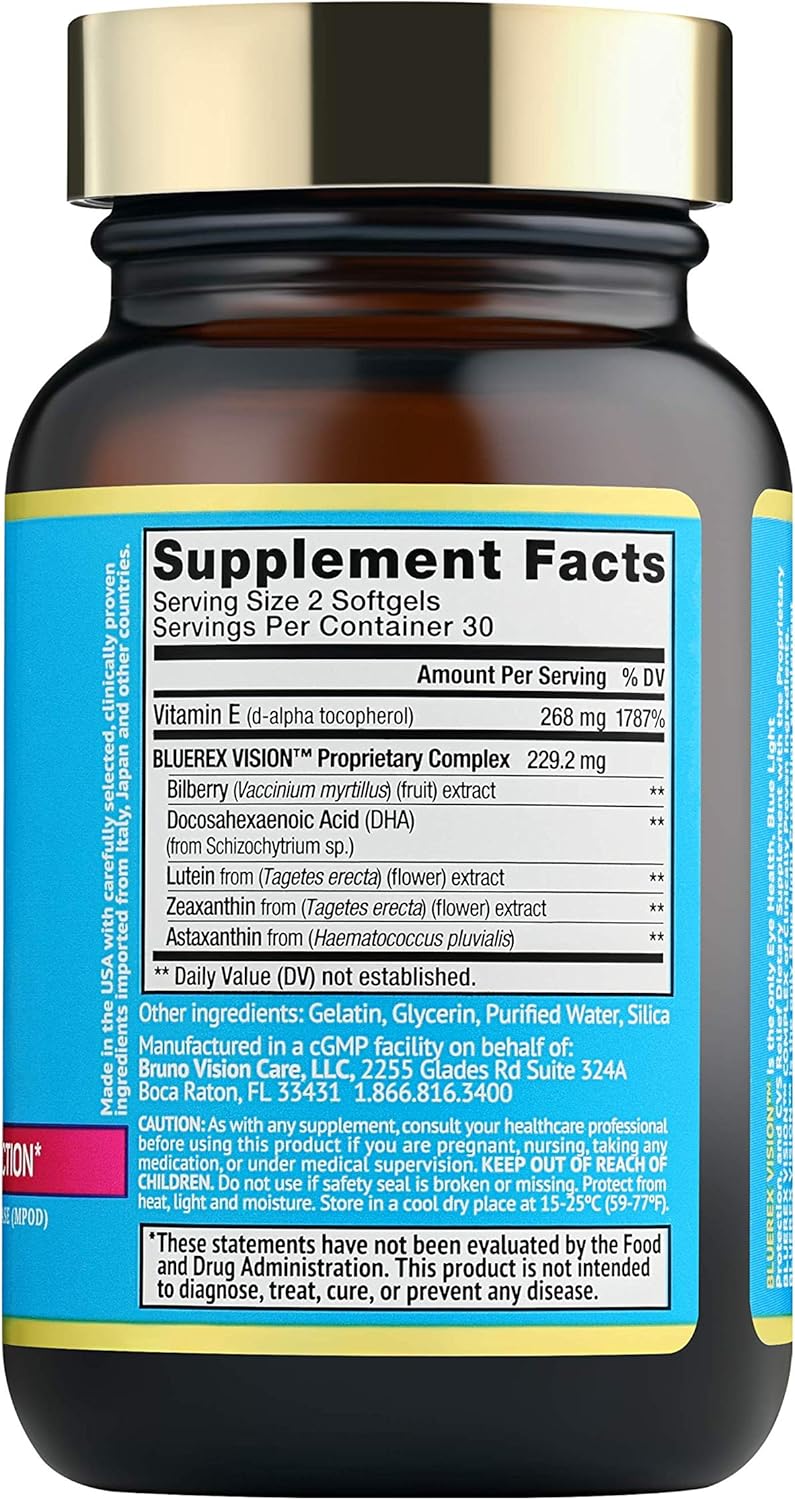 BRUNO MD Bluerex Vision: Adult Eye Health Supplement with Vitamin E & Bilberry Extracts. Antioxidant Support for Computer Vision Syndrome & Dry Eyes.