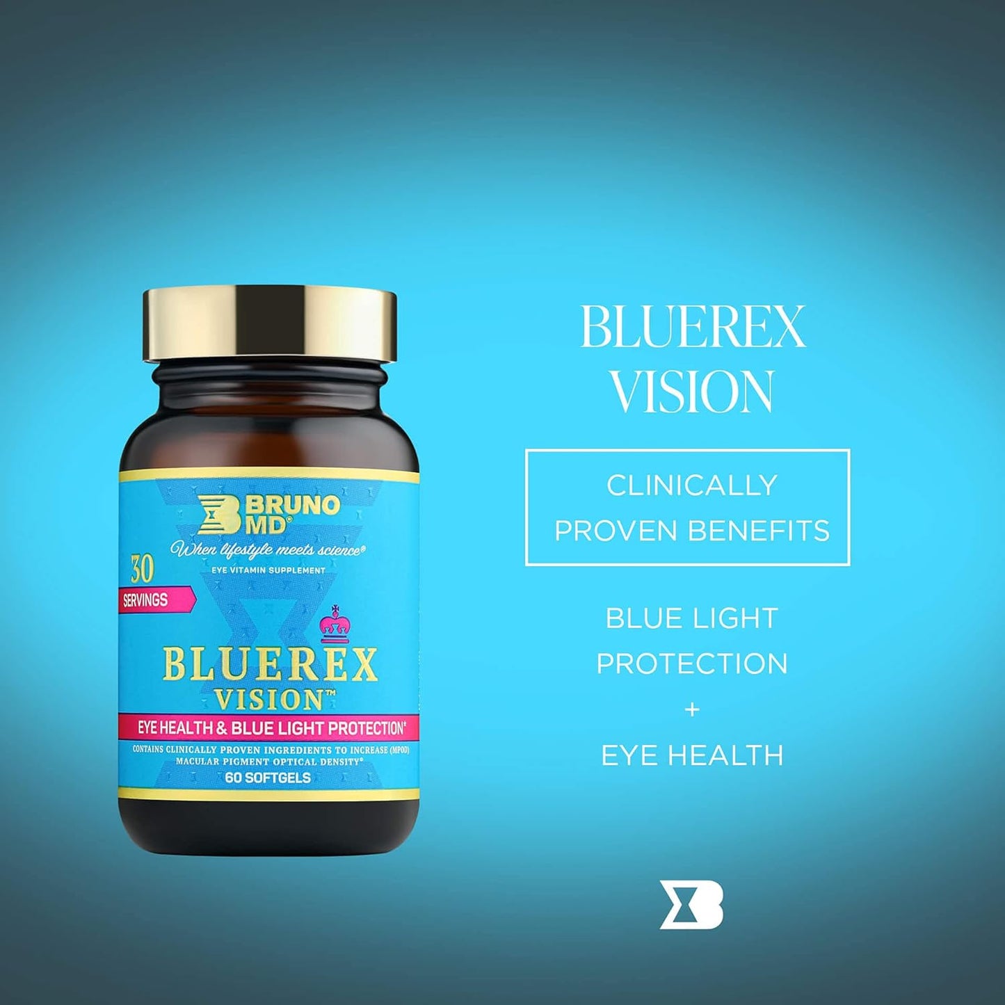 BRUNO MD Bluerex Vision: Adult Eye Health Supplement with Vitamin E & Bilberry Extracts. Antioxidant Support for Computer Vision Syndrome & Dry Eyes.