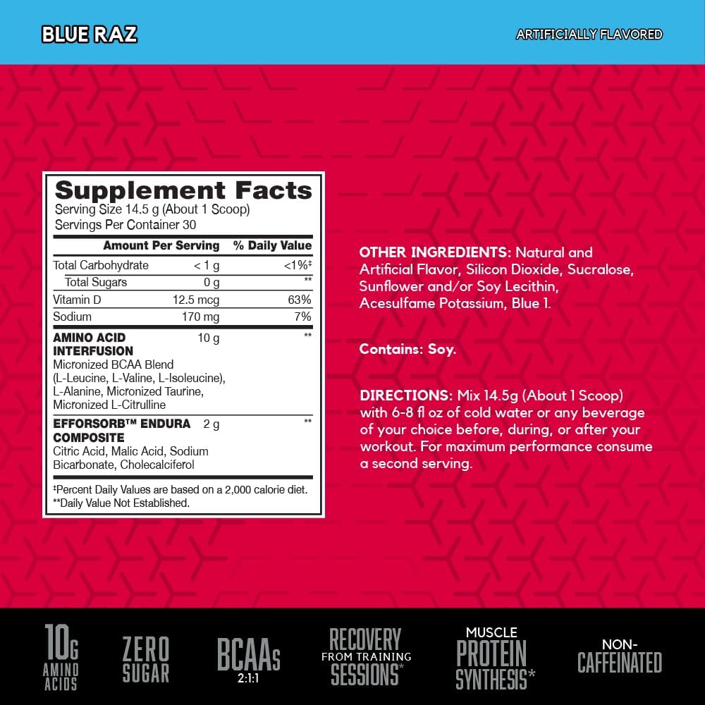 BSN Amino X Blue Raz Powder: Muscle Recovery & Endurance, BCAAs, Intra Workout, Keto Friendly - 30 Servings