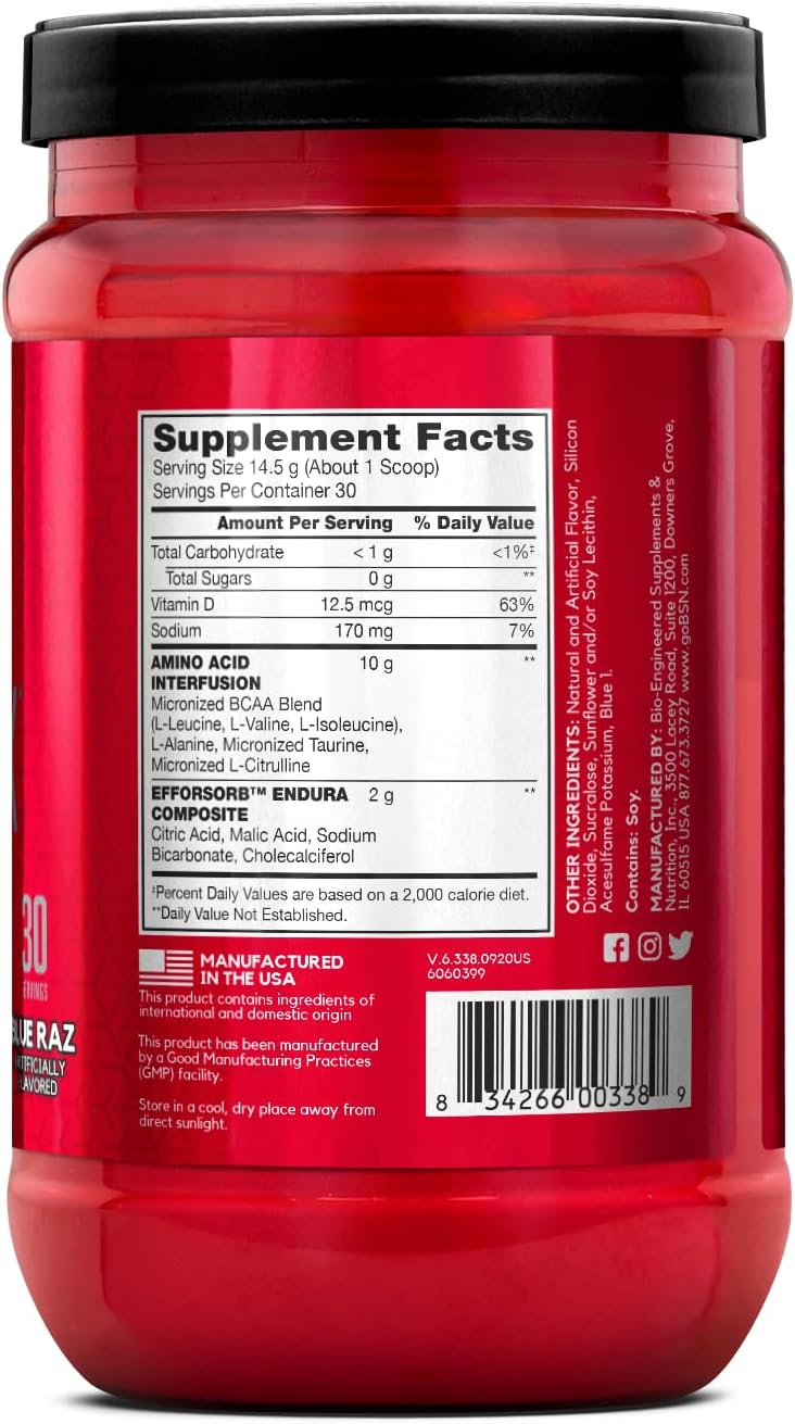 BSN Amino X Blue Raz Powder: Muscle Recovery & Endurance, BCAAs, Intra Workout, Keto Friendly - 30 Servings