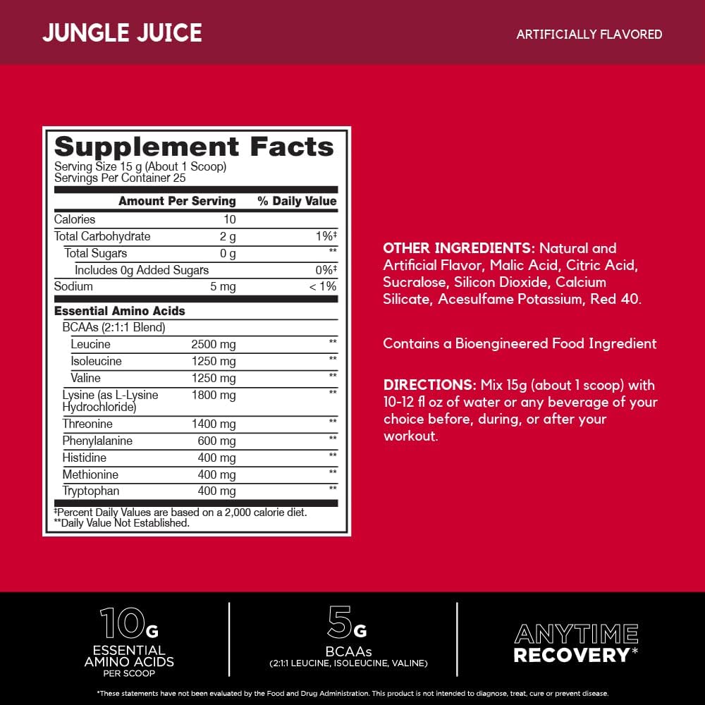 BSN Amino X Jungle Juice Flavor, 10g EAAs, 5g BCAAs, Zero Sugar, Caffeine-Free, 13.2oz - Muscle Recovery & Endurance, 25 Servings