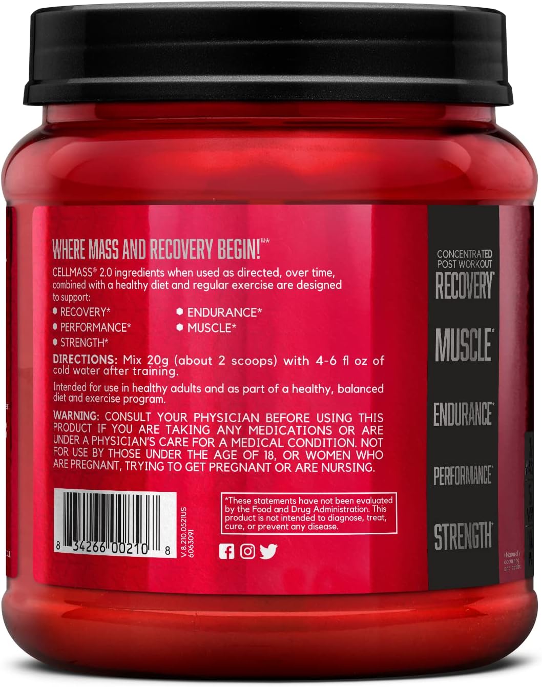 BSN CELLMASS 2.0 Post Workout Recovery - BCAA, Creatine, Glutamine - Keto Friendly - Blue Raz Flavor - 25 Servings