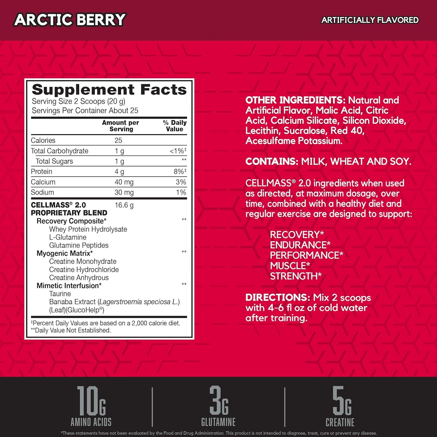 BSN CELLMASS 2.0 Post Workout Recovery Supplement - BCAA, Creatine, Glutamine - Keto Friendly - Arctic Berry Flavor - 25 Servings