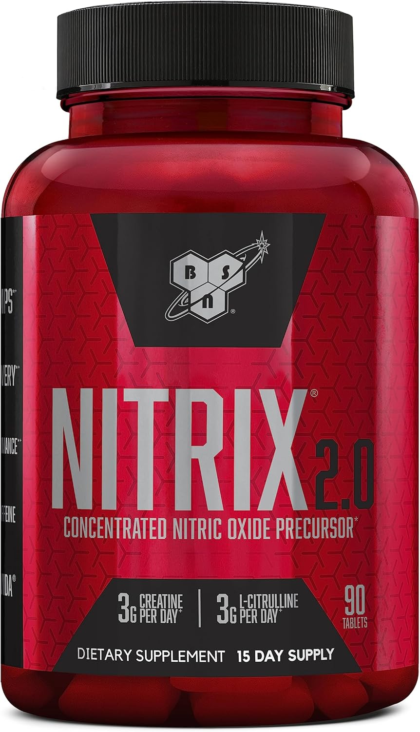 BSN NITRIX 2.0 - Nitric Oxide Boosting Supplement with Creatine and L Citrulline - Enhances Performance, Muscle Pump, and Recovery - 90 Tablets