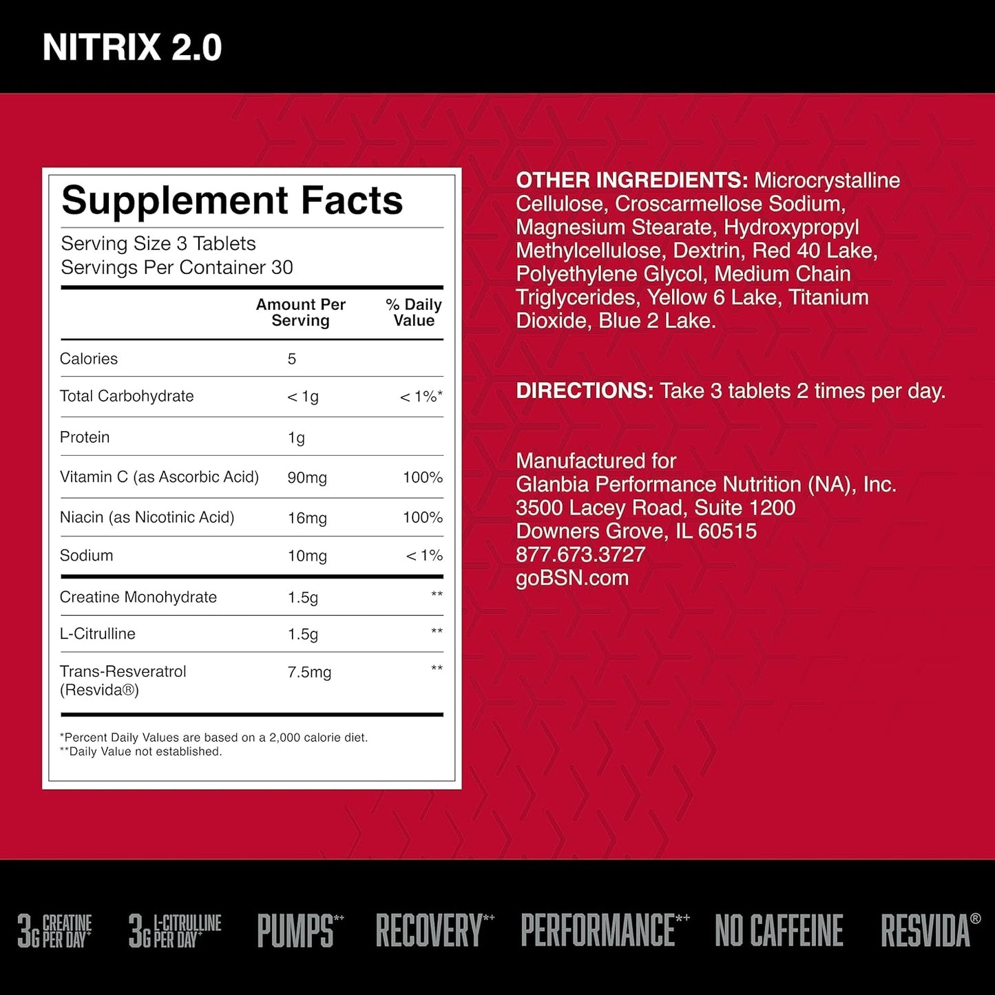 BSN NITRIX 2.0 - Nitric Oxide Boosting Supplement with Creatine and L Citrulline - Enhances Performance, Muscle Pump, and Recovery - 90 Tablets