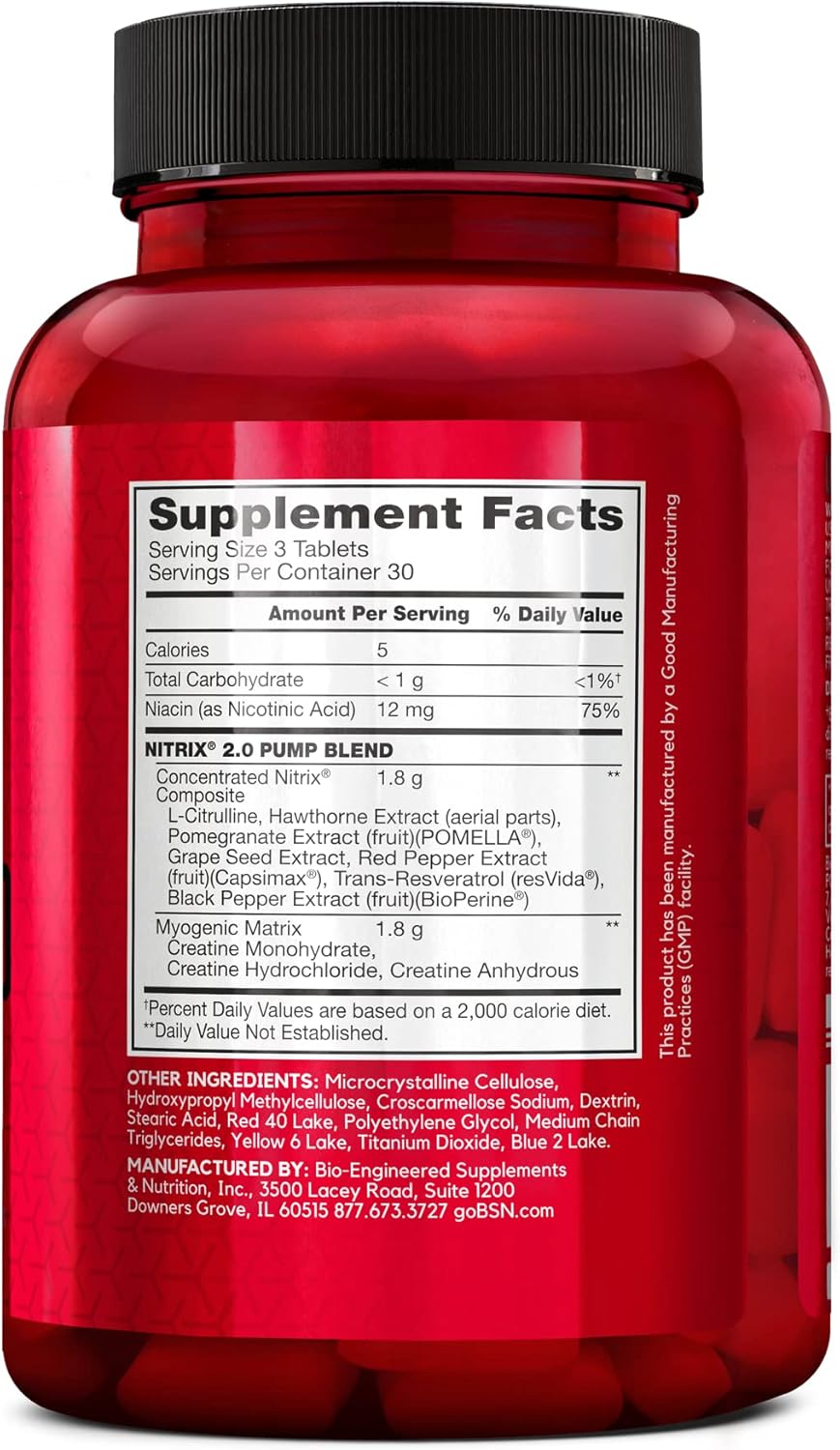 BSN NITRIX 2.0 - Nitric Oxide Boosting Supplement with Creatine and L Citrulline - Enhances Performance, Muscle Pump, and Recovery - 90 Tablets