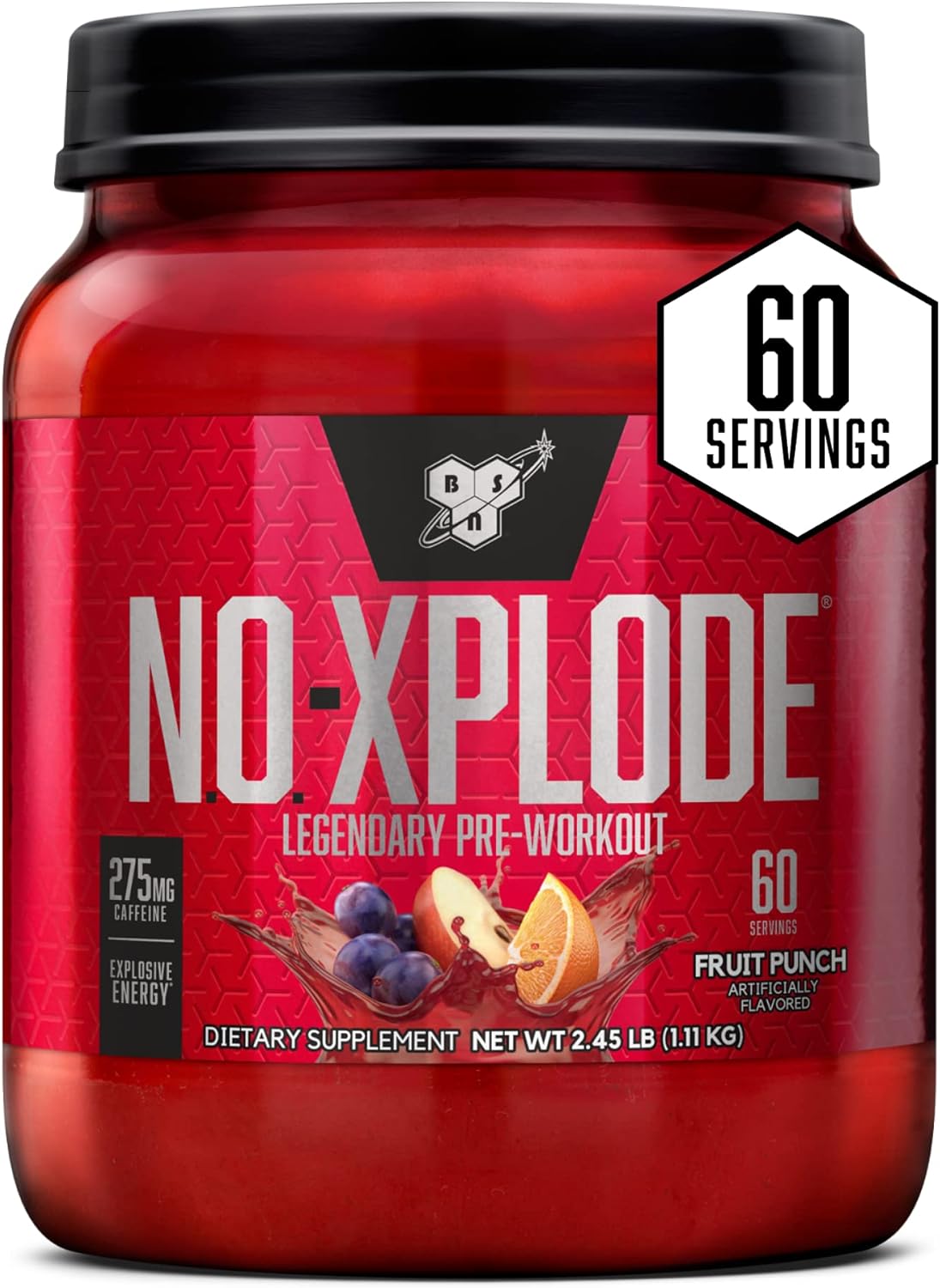 BSN N.O.-XPLODE Fruit Punch Pre Workout Supplement - 60 Servings with Creatine, Beta-Alanine, and Energy Boost