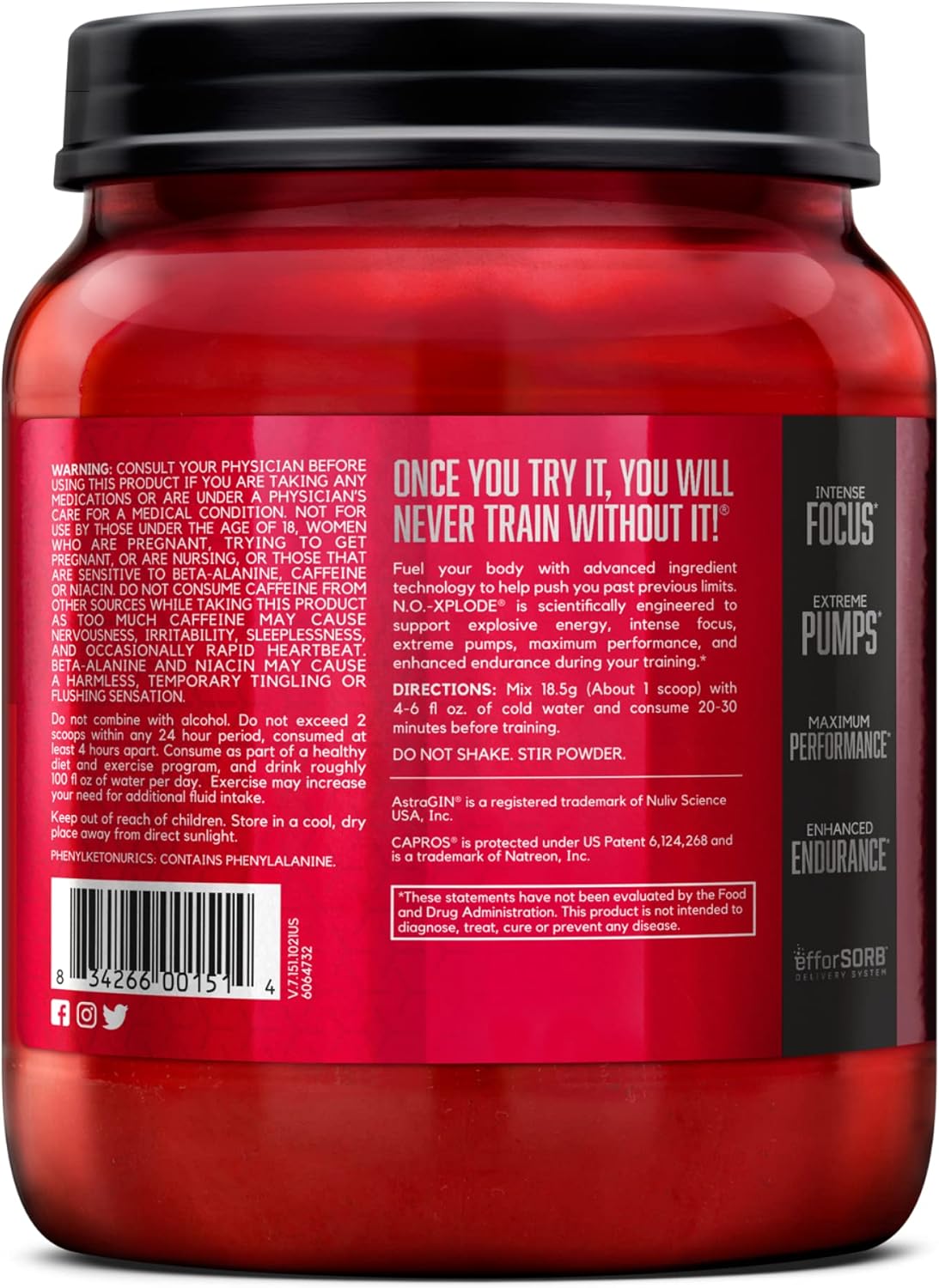 BSN N.O.-XPLODE Fruit Punch Pre Workout Supplement - 60 Servings with Creatine, Beta-Alanine, and Energy Boost