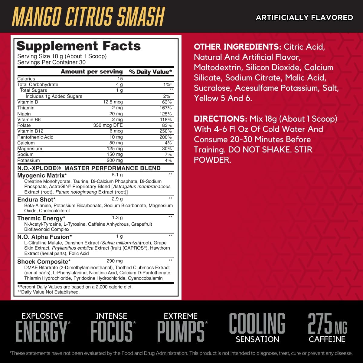 BSN N.O.-XPLODE Mango Citrus Smash Pre Workout Powder - Energy Supplement with Creatine and Beta-Alanine for Men and Women, 30 Servings