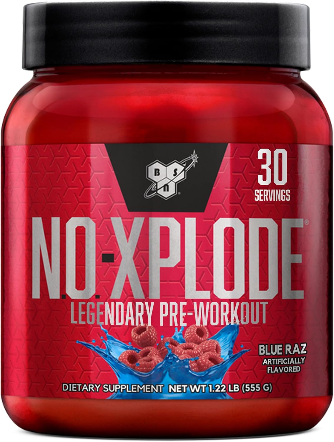 BSN N.O.-XPLODE Pre Workout Powder, Blue Raz Flavor, Energy Supplement with Creatine and Beta-Alanine, 30 Servings for Men and Women