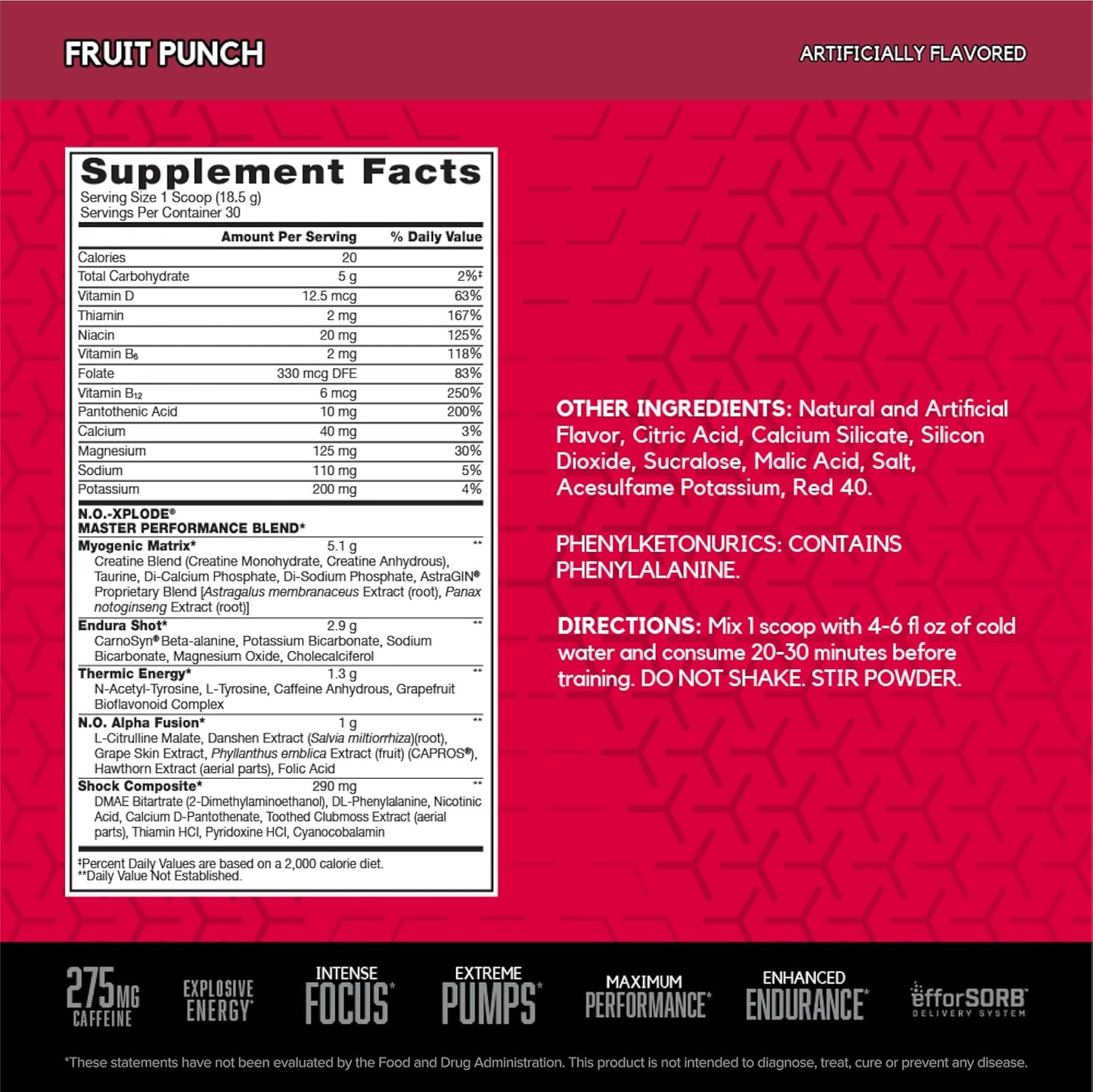 BSN N.O.-XPLODE Pre Workout Powder, Fruit Punch Flavor, 30 Servings - Energy Supplement with Creatine and Beta-Alanine for Men and Women
