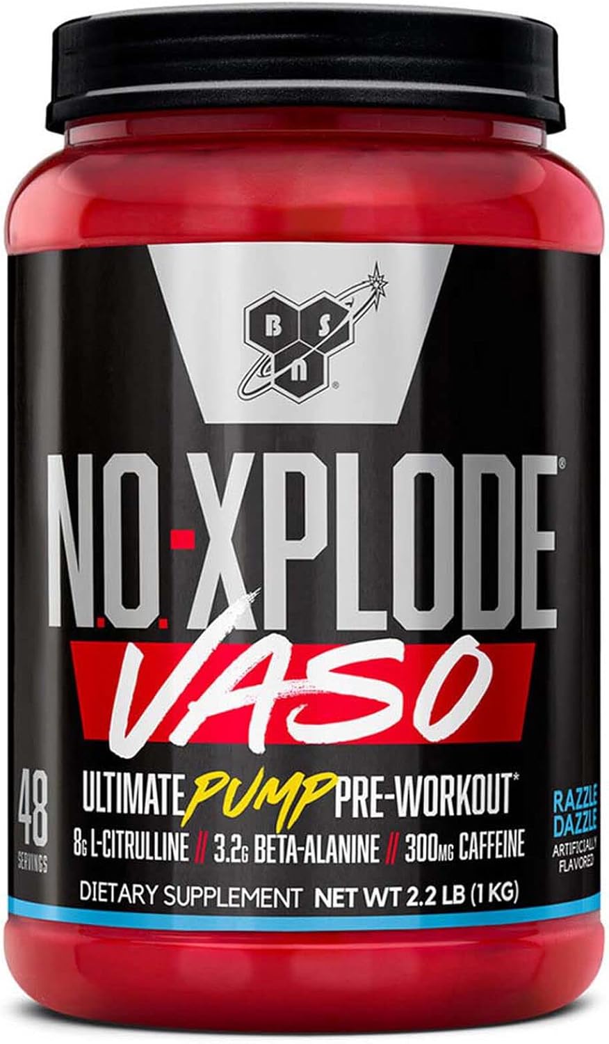 BSN N.O.-XPLODE Vaso Pre Workout Powder - 8g L-Citrulline, 3.2g Beta-Alanine, Energy Boost - Razzle Dazzle Flavor - 48 Servings