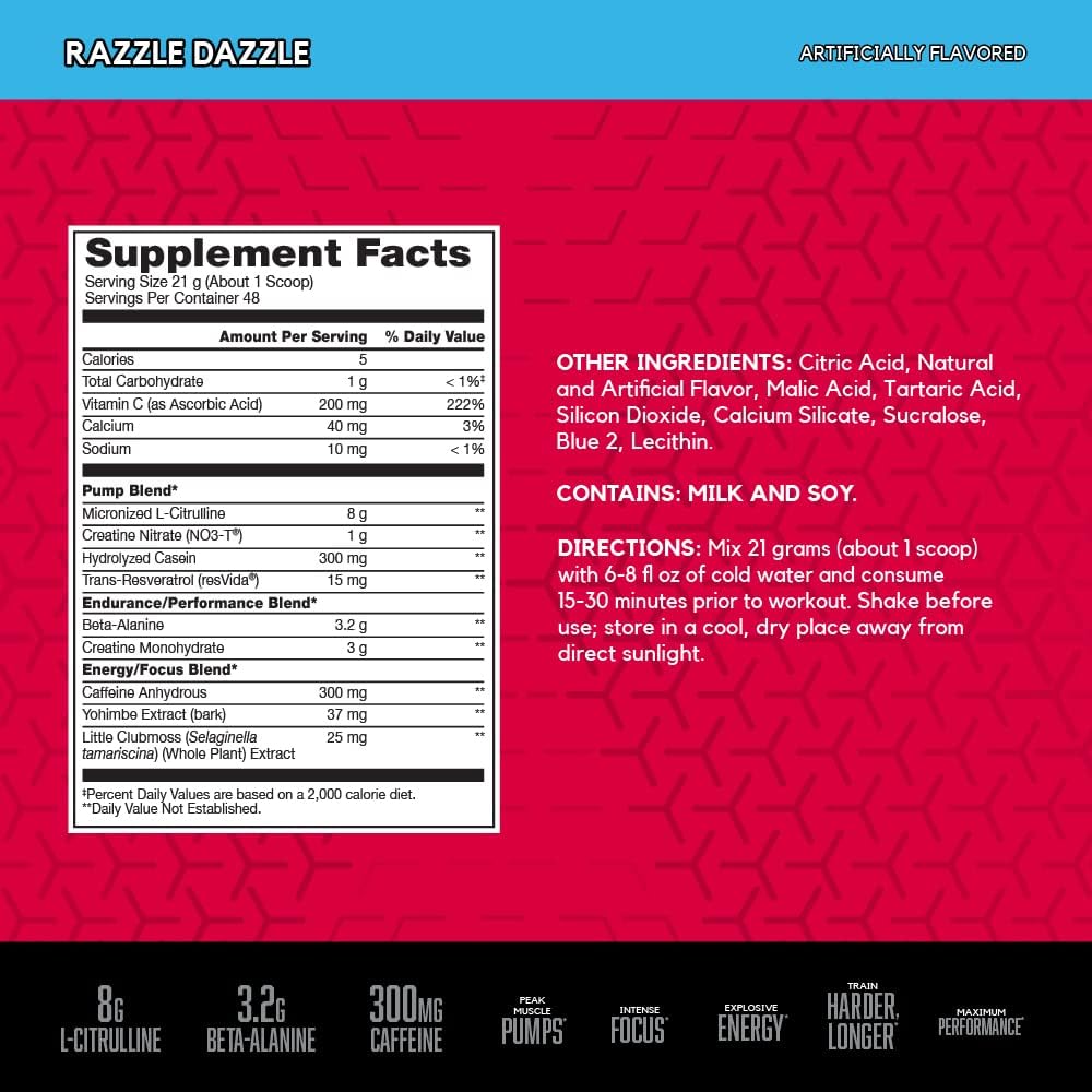 BSN N.O.-XPLODE Vaso Pre Workout Powder - 8g L-Citrulline, 3.2g Beta-Alanine, Energy Boost - Razzle Dazzle Flavor - 48 Servings