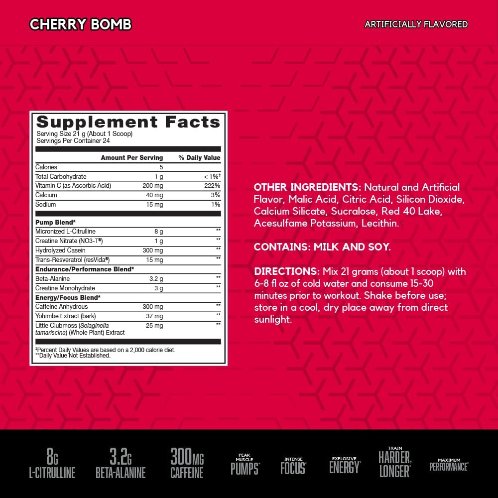 BSN N.O.-XPLODE Vaso Pre Workout Powder - Cherry Bomb Flavor, 8g L-Citrulline, 3.2g Beta-Alanine, Energy Boost - 24 Servings