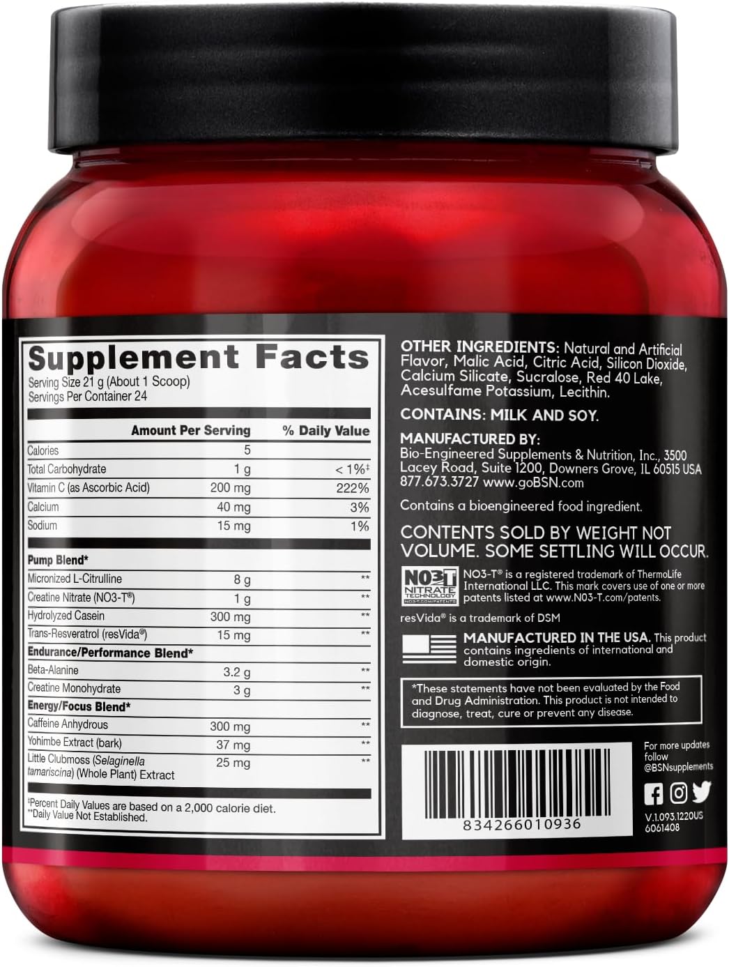 BSN N.O.-XPLODE Vaso Pre Workout Powder - Cherry Bomb Flavor, 8g L-Citrulline, 3.2g Beta-Alanine, Energy Boost - 24 Servings