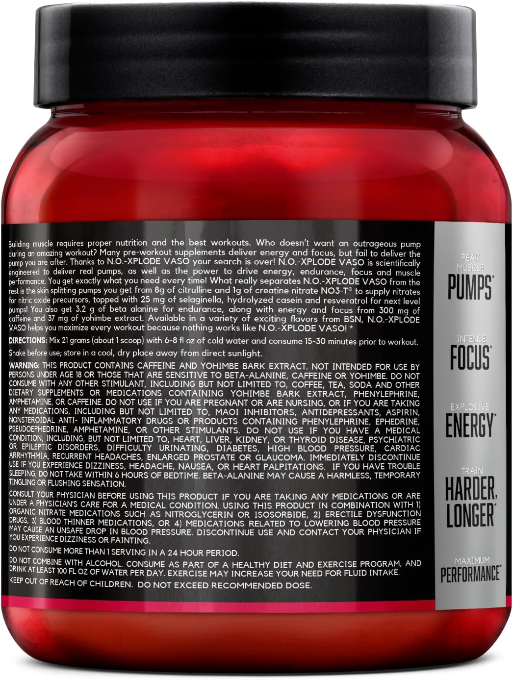 BSN N.O.-XPLODE Vaso Pre Workout Powder - Cherry Bomb Flavor, 8g L-Citrulline, 3.2g Beta-Alanine, Energy Boost - 24 Servings