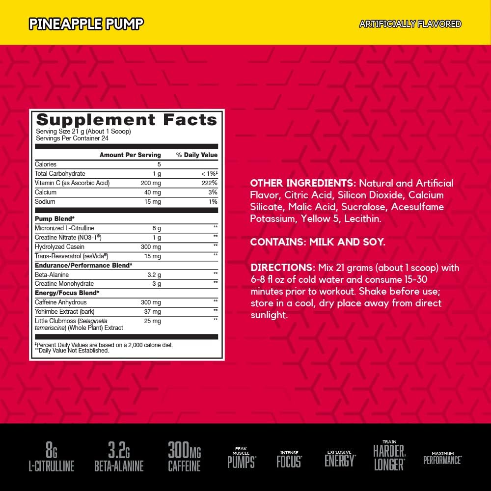 BSN N.O.-XPLODE Vaso Pre Workout Powder - Pineapple Pump Flavor, 8g L-Citrulline, 3.2g Beta-Alanine, Energy Boost - 24 Servings