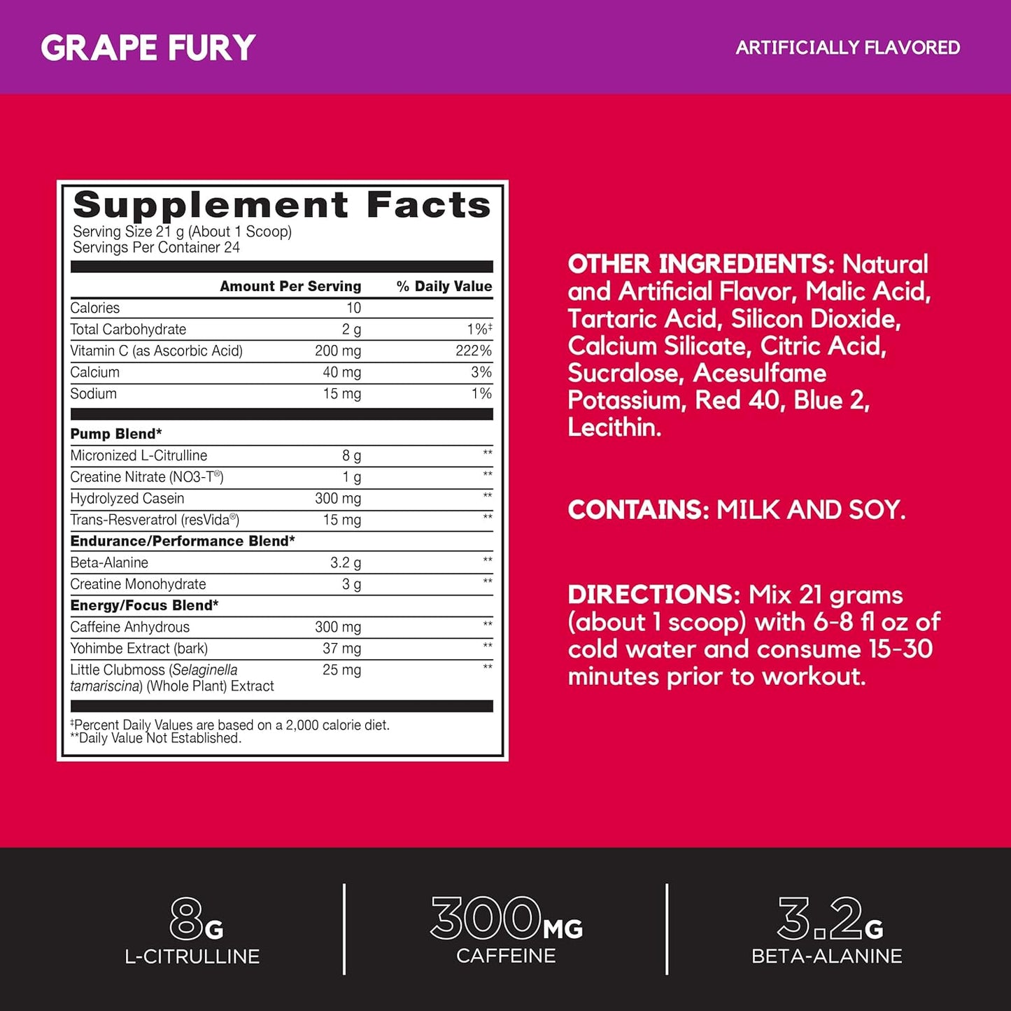 BSN N.O.-XPLODE Vaso Pre Workout Powder, Grape Fury Flavor, 24 Servings, 8g L-Citrulline, 3.2g Beta-Alanine, Energy Boost