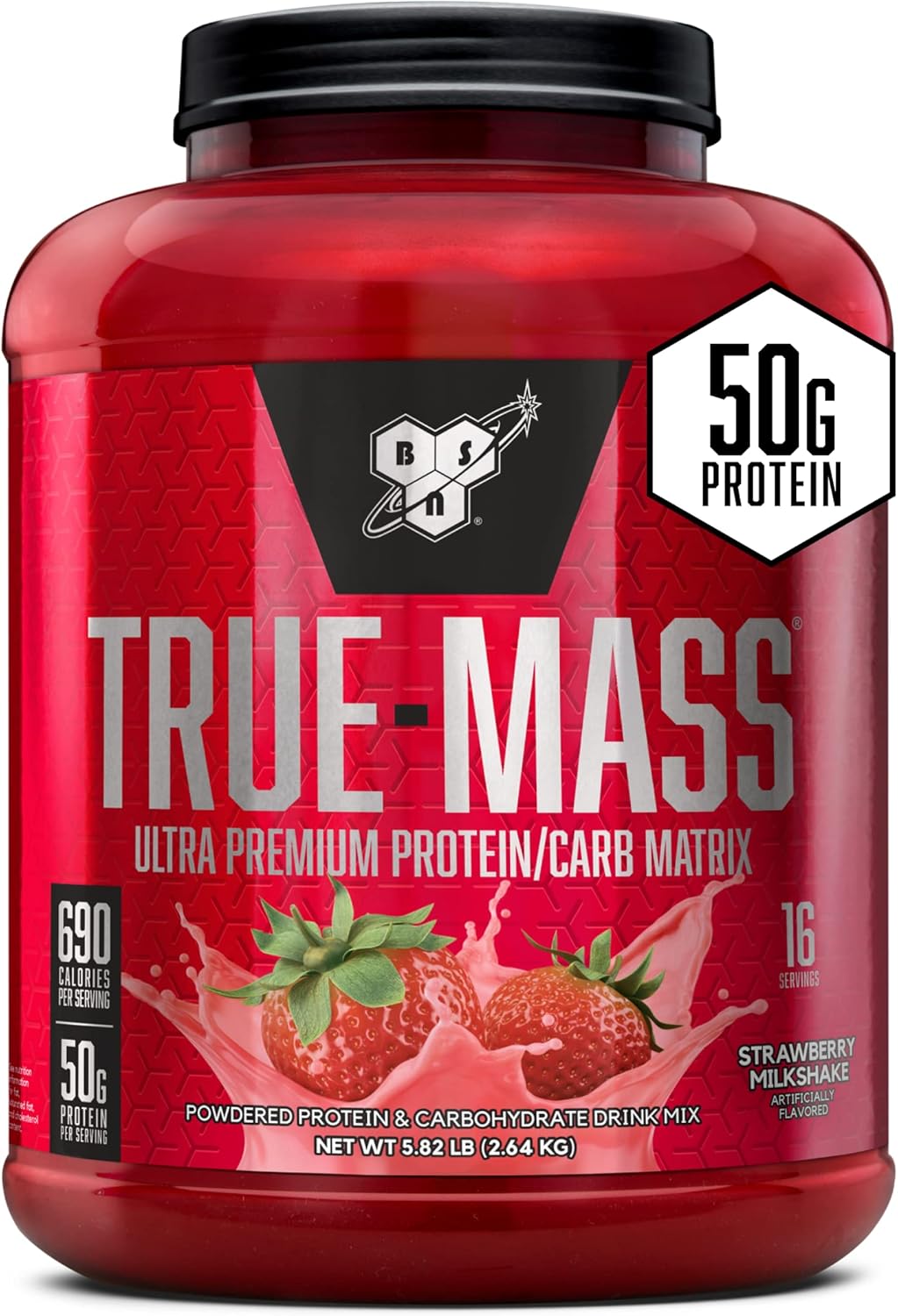 BSN TRUE-MASS Strawberry Milkshake Weight Gainer Protein Powder - 5.82 Pound Jar