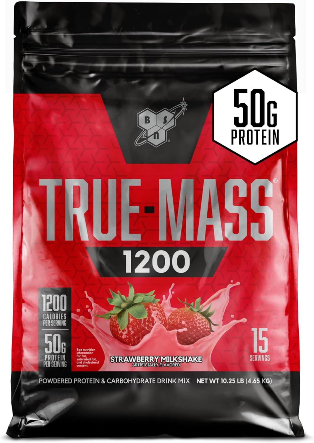 BSN TRUE-MASS Strawberry Milkshake Weight Gainer Protein Powder - 10.25 lb - Muscle Mass Gainer