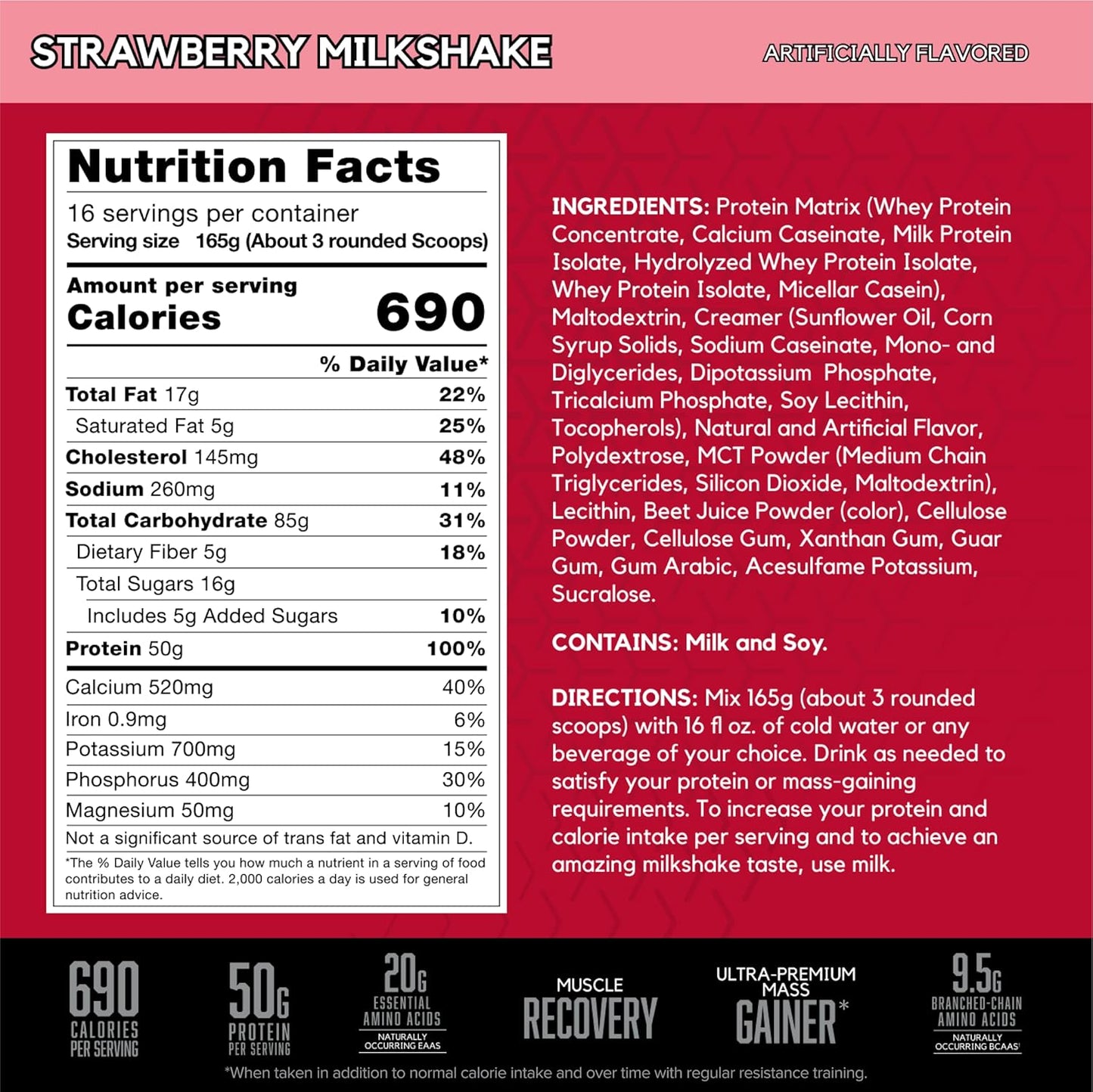 BSN TRUE-MASS Strawberry Milkshake Weight Gainer Protein Powder - 5.82 Pound Jar