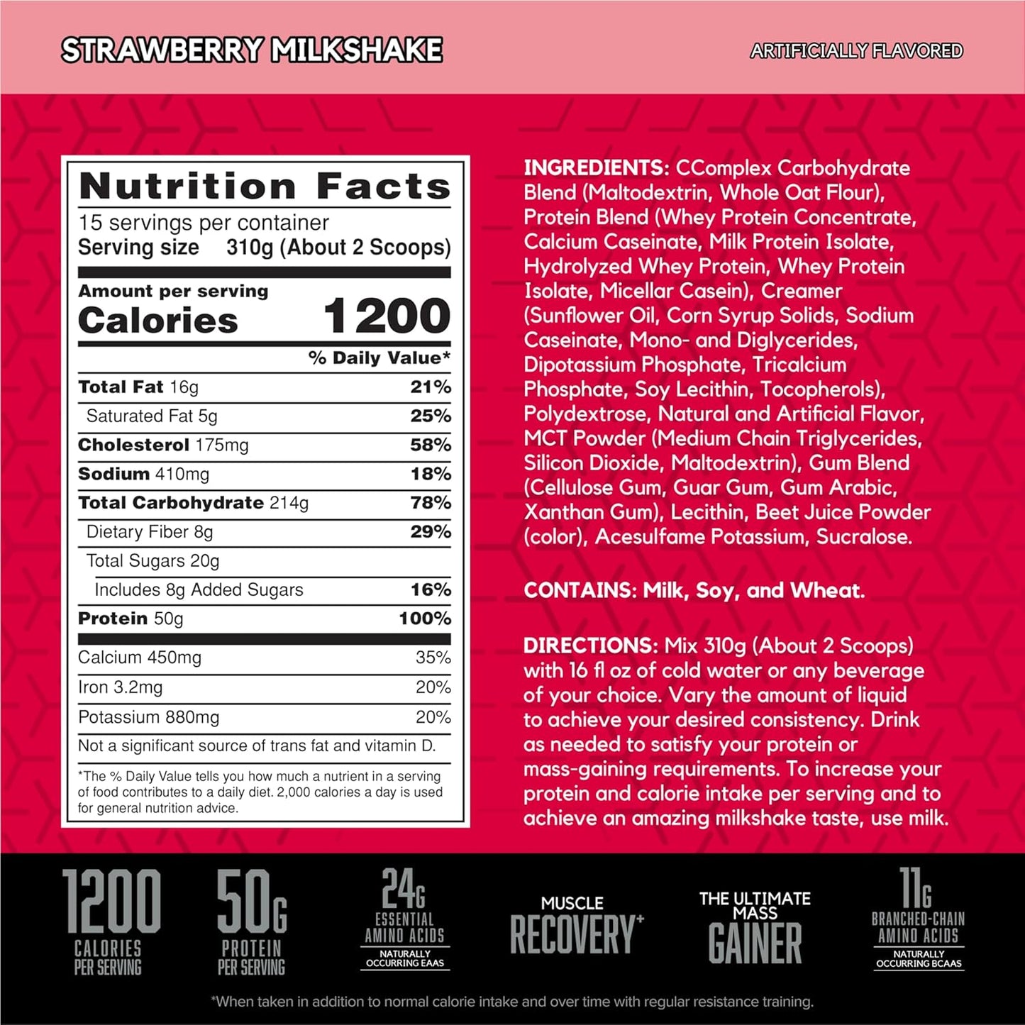 BSN TRUE-MASS Strawberry Milkshake Weight Gainer Protein Powder - 10.25 lb - Muscle Mass Gainer
