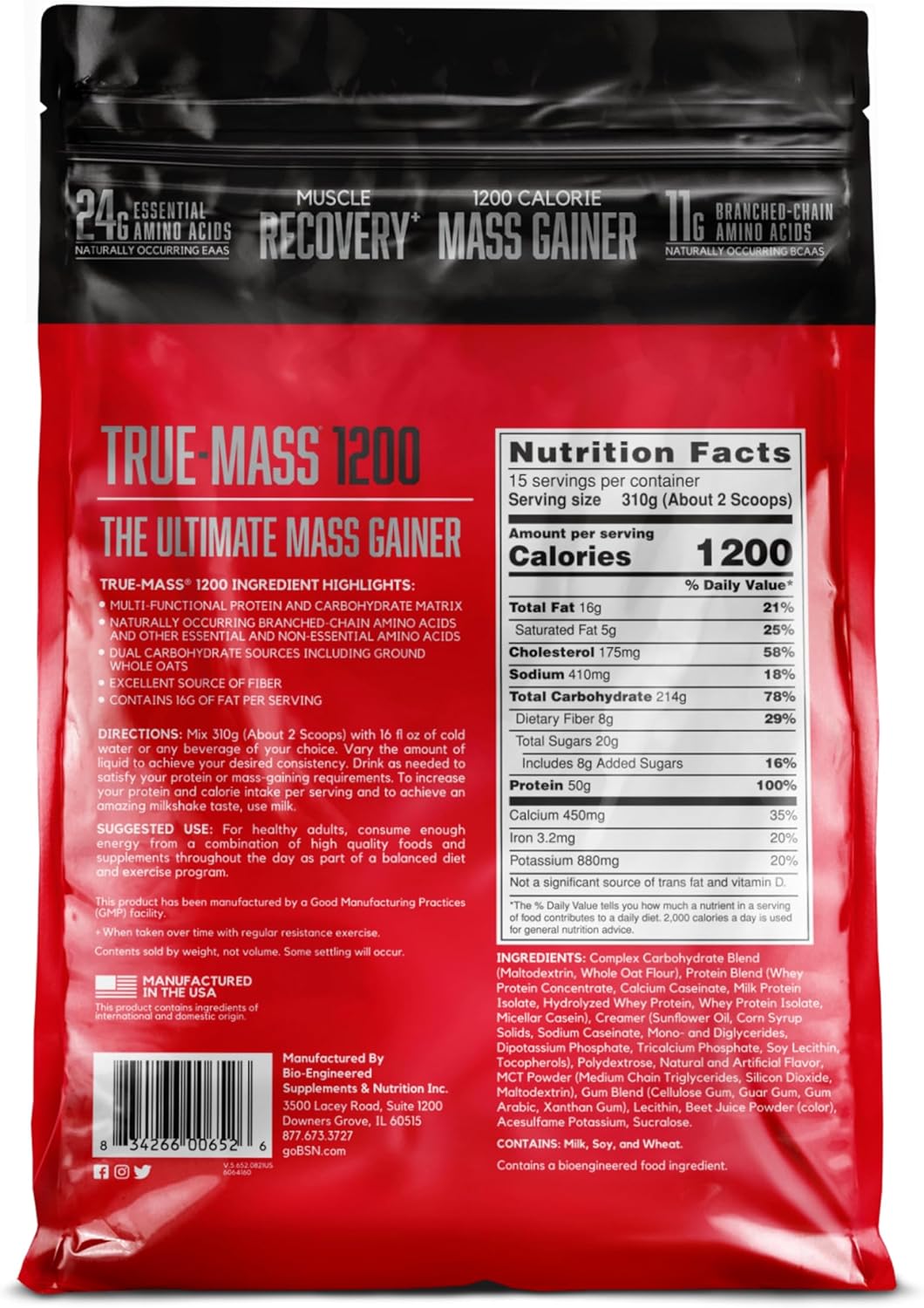 BSN TRUE-MASS Strawberry Milkshake Weight Gainer Protein Powder - 10.25 lb - Muscle Mass Gainer
