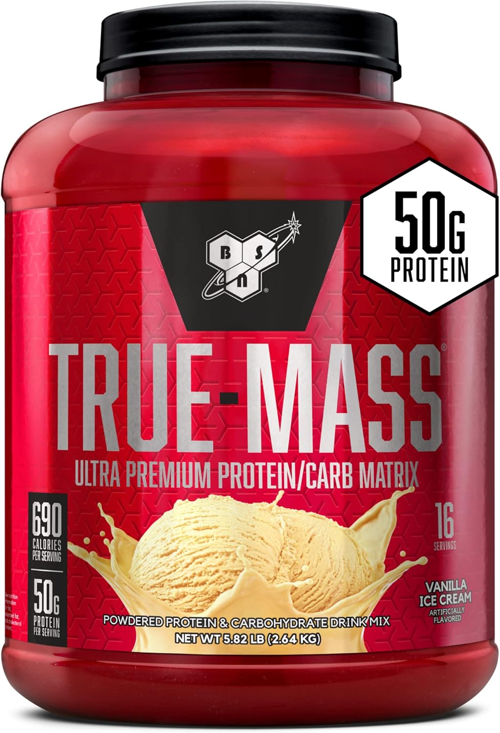 BSN TRUE-MASS Weight Gainer Protein Powder, Vanilla Ice Cream Flavor, 5.82 lb - Muscle Mass Gainer